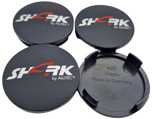 4X Alutec Shark Nabendeckel 60mm Schwarz (N23) Logo Silber/Rot (ALE) - Original Felgendeckel/Nabenkappe/Hubcap