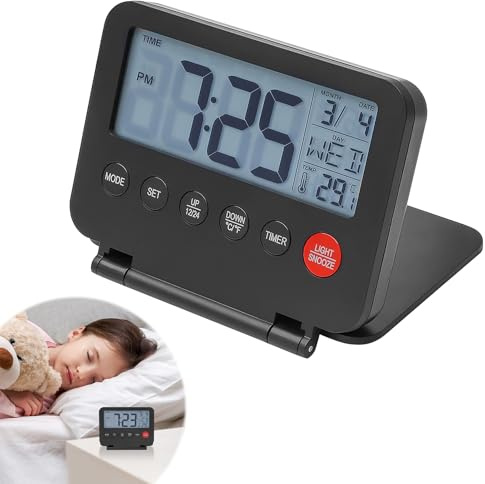teasteam Digital Travel Alarm Clock Mini Foldable Portable | Temperature, Calendar, Timer, LCD, Backlight, Snooze, Battery Operated 12/24H, Small and Light, for Home Travel Office
