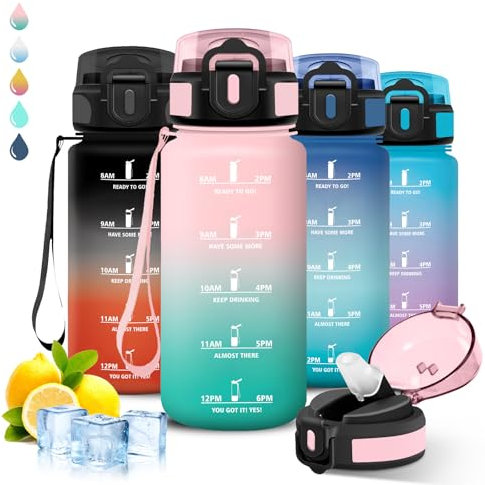 Gourde Enfant, Gourde 500ml, Gourde avec Paille, Anti Fuite, Gourde Graduée pour 1 Journee, Facile à Nettoyer, Gourde Motivation, Verrou de Sécurité, avec Slogan de Motivation, pour École, Camping