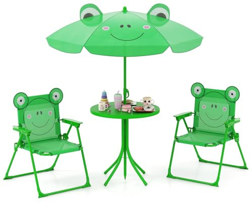 GOPLUS Ensemble Salon de Jardin Enfant 4 PCS, Table Pique-Nique Enfant avec 2 Chaises Pliante, Parasol Réglable en Hauteur, Charge 75KG, Table Exterieur pour 3-6 Ans (Grenouille Vert)