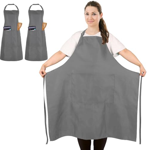 FunChaos 2 Pcs Grande Talla Delantales de Chef, Gris Delantal, Unisex Delantales con 2 Bolsillos para Cocinar, BBQ, Trabajo, Profesional Delantal para Camarero, Pintor (Grande Tamaño)