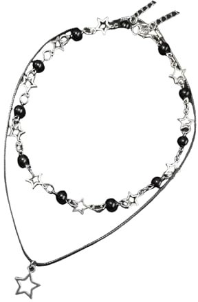 YUOIUX Double Layered Neckchain Black Bead Star Charm Necklace Adjustable PU Leather Rope Choker Accessory for Women and Girls