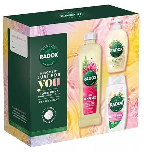 New Radox Luxury Pamper Gift Set – 4-Piece Self-Care Collection with Bath Soak, Shower Gel, Hand Wash & Shower Puff – Relaxing Spa Gift for Women A-81