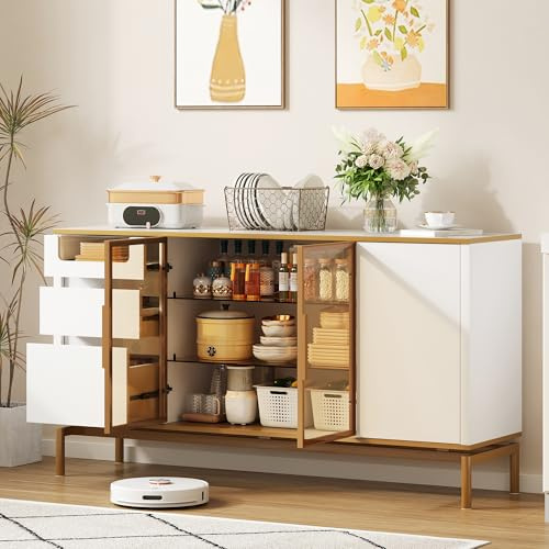 MURUL Elegantes Sideboard, Arbeitsplatte aus Marmor, goldene Zierleiste - Moderner Stauraumschrank mit Glas- und Holzfächern
