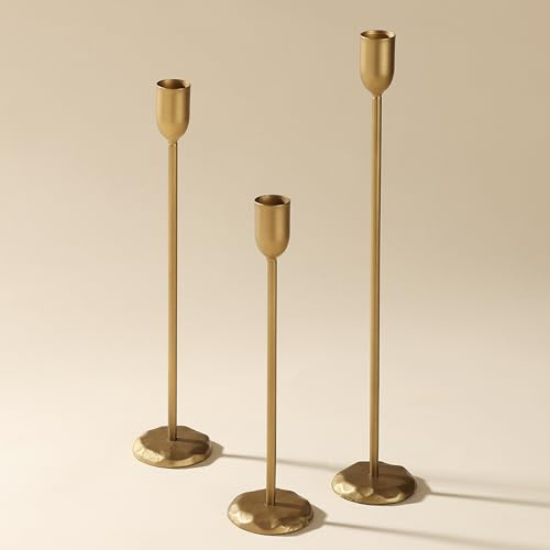 Perfnique Kerzenhalter aus Messing, Eisen, konisch, für Hochzeit, Esstisch, Party, Kamin, Kaminsims, Dekoration, goldfarben, 3 Stück