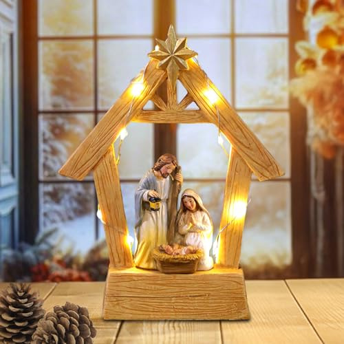 TZQFROCE Krippenfiguren Set Weihnachtskrippe Mit Beleuchtung Weihnachtskrippen Indoor Tischkrippe mit Figuren Weihnachten Advent Winter Tisch Deko