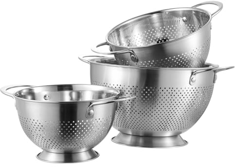 3-Piece Stainless Steel Colander Set with Wide Handle & Sturdy Base | Dishwasher Safe & Rust-Proof | Perfect for Draining Vegetables, Salad, Fruits, Pasta, and Meat