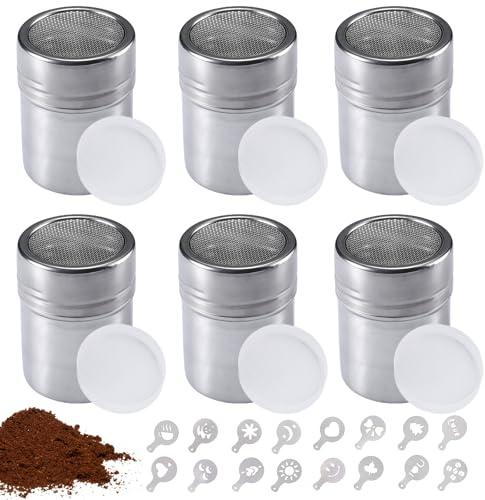Lot de 6 saupoudreurs de sucre en poudre : saupoudreur de cacao pour cappuccino avec 16 formes de latte, salière en acier inoxydable avec couvercle, saupoudreur pour chocolat, sucre glace, sel, cacao