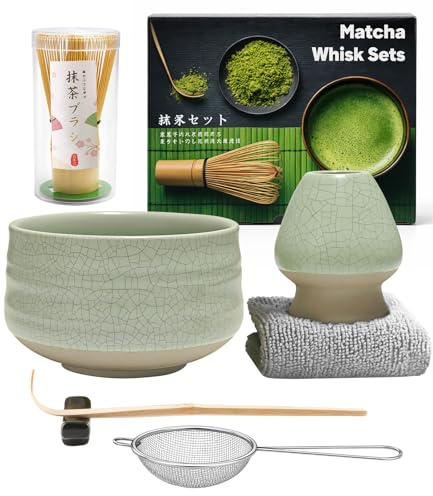 7 Piece Matcha Set, Macha Tea Set with Matcha Spoon, Whisk Holder, Bamboo Matcha Whisk, Shovel, Strainer, Matcha Accessories Traditional Japanese Tea Ceremony Best Gift for Lovers, Mesh Green