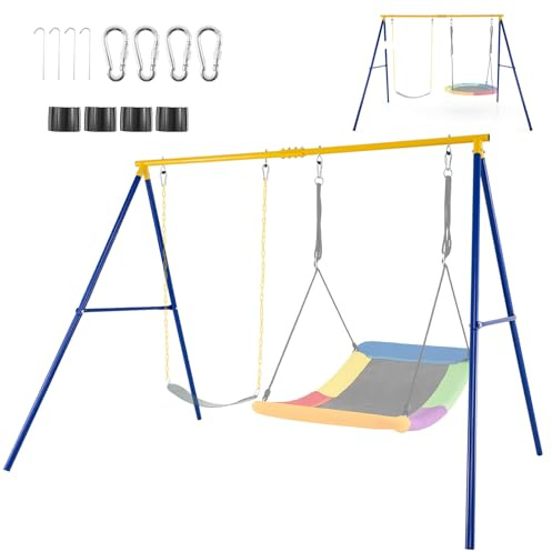 RELAX4LIFE Schaukelgestell Outdoor, Schaukel Gestell aus Metall bis 300 kg belastbar, Schaukelgerüst mit Bodenanker, Stabiler Doppelschaukel für Kinderschaukel & Nestschaukel, Gelb+Blau (Nur Gestell)