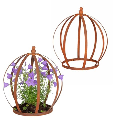 Relaxdays Staudenhalter, 2er Set, Pflanzkrone, Stauden & Jungpflanzen, Pflanzenstütze HxD 35 x 30 cm, Edelrost, rotbraun