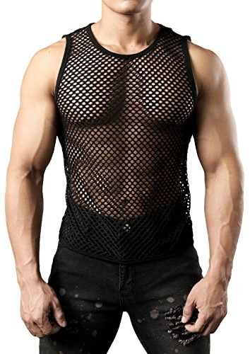 JOGAL Men's Mesh Tank Top Fishnet Shirts Halloween Costume | See Through, Sexy, Fitted, Silm Fit, Sleeveless, Lightweight, Nightclub, Party, Music Festival, Performance