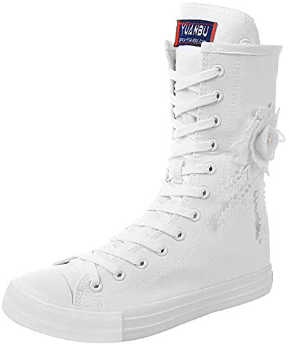 rismart Mujer Botas Lona Media Pierna Animadora Cordones High Top Sneakers Zapatos de Deporte(Blanco(Flor),39 EU)