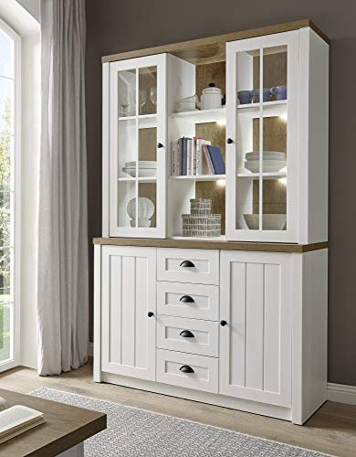 Buffet Tesorino II Holznachbildung Pinie Weiss Applikationen Eiche hell 130x198x35-43cm Highboard Board Sideboard Vitrine Standvitrine Vitrinenschrank Beleuchtung ohne Beleuchtung