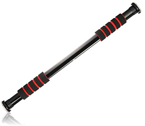 com-four® Klimmzugstange, verstellbare Pull-up-Bar für den Türrahmen, mit Softgrip, ideal für Home-Workout und Fitnesstraining daheim, einfache Montage (schwarz/rot zum Klemmen)