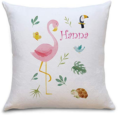 OWLBOOK Flamingo Safari Tiere Flauschiges Kissen mit Füllung Personalisiert mit Namen Geschenke Geschenkideen für Mädchen zum Geburtstag Geburt Baby Kind