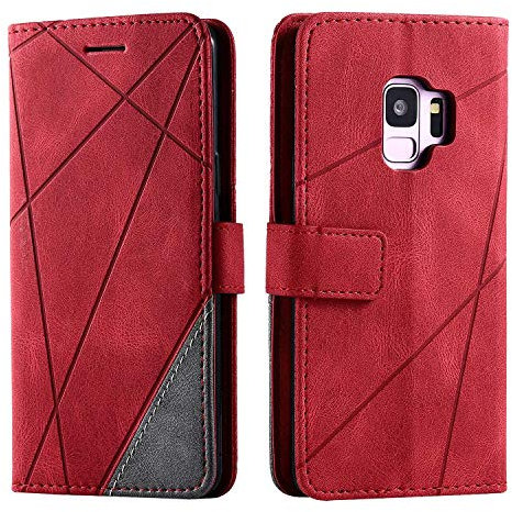 SONWO Case for Galaxy S9 Case, Premium Leather Flip Wallet Case Magnetic Closure Card Slots Kickstand Phone Case for Samsung Galaxy S9, Red