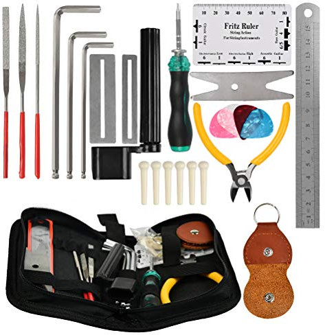 POKIENE 26 Stücke Gitarren Werkzeug, Gitarre Reparatur-Werkzeug-Set, inkl.Saiten Organizer, Saiten-Aktions-Lineal, Messgerät, Sechskantschlüssel Set, Feilen für Gitarre, Ukulele, Bass, Mandoline