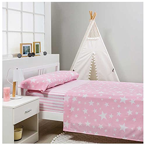 COTTON ARTean Juego sabanas Infantil 90 Algodón Poliester GIVETTE Rosa | Incluye 3 piezas: encimera, bajera ajustable, 1 funda de almohada. Certificado OEKO-TEX