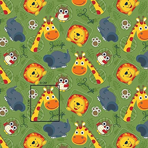 100x160cm Giraffe Eule Löwe Elefant Jungle 100% Baumwolle Baumwollstoff Kinder Meterware Handwerken Nähen Stoff (Giraffe Eule Löwe Elefant Jungle Grün, 100x160cm)