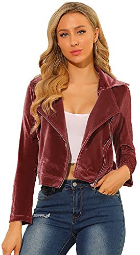 Allegra K Veste de motard en velours pour femmes avec col à revers et fermeture à glissière Rose M