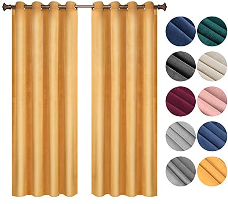 WOLTU Verdunklungsvorhang Blickdicht Samtvorhänge mit Ösen, 2 Stücke Thermogardine Ösenvorhang 300 g/m² Schwere Verdunkelungsgardinen lichtdicht für Schlafzimmer Wohnzimmer, 140x225 cm Senf