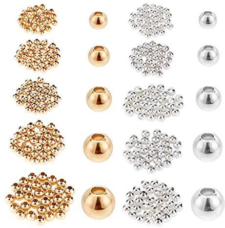 PandaHall 300pcs 5 Stil Runde Abstandsperlen, 24K Vergoldete Perlen 925 Sterling Silber Überzogene Kugel Glatte Perlen Messing Stopper Perlen Für Halskette Armband Ohrring Schmuckherstellung