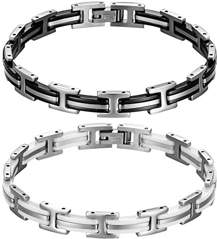 JewelryWe Schmuck 2 PCS Damen Armband, Edelstahl Keramik Porzellan I Rechteck Link Armkette Armreif Gliederarmband Geschenke für Frauen Mädchen, Schwarz Weiß Silber
