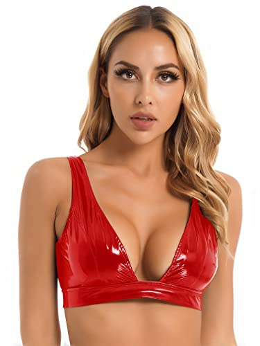 FEESHOW Damen Wetlook BH Lack Leder Bra Büstenhalter Bügellose Sexy Tiefer V Ausschnitt Triangel BH Bikini Leder Latex Dessous Top Rot H S
