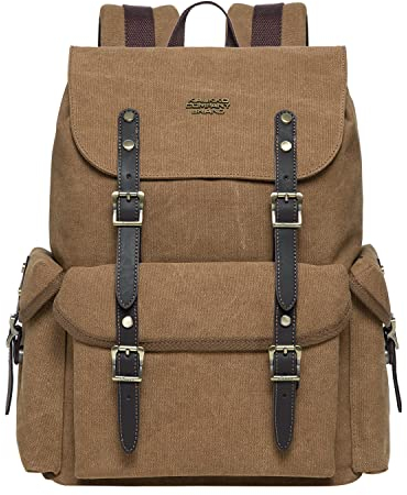 KAUKKO Canvas Retro Rucksack Damen Herren, Vintage Jagdrucksack Wanderrucksack mit 14 Zoll Laptopfach für Arbeit, Ausflüge, Uni, 20L, Khaki-FP703