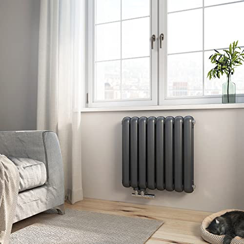 Heilmetz Radiateur eau chaude horizontal 55 x 58cm Anthracite radiateur horizontal double couche tube raccord latéral Chauffage pour salon chambre à coucher couloir 764W
