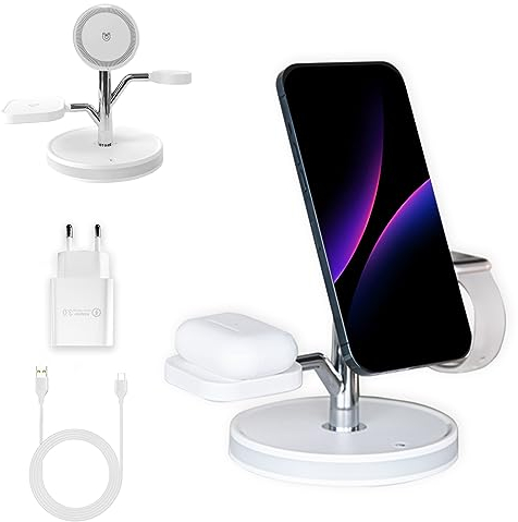 PUCHIKA 4 in 1 Wireless Charger, Kabelloses Ladegerät mit MagSafe für iPhone14/13/12/Pro, Induktive Ladestation für Apple Watch 8/7/6/5/4/3/2/SE, Magnetic Stand for AirPods 3/2/Pro (Weiß)