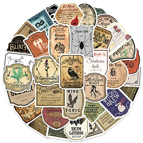50 Pcs Potion Label Stickers Retro Aesthetic Party for Water Bottle Laptop Skateboard Luggage Guitar Car Motorcycle Bike Vinyl Waterproof Apothecary Sticker Pack Suitable for Teens Adults