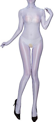 CHICTRY Women 8D Oil Shiny Glossy Full Bodystocking Nylon See Through Sheer Hooded Bodysuit Catsuit 3# White B One Size