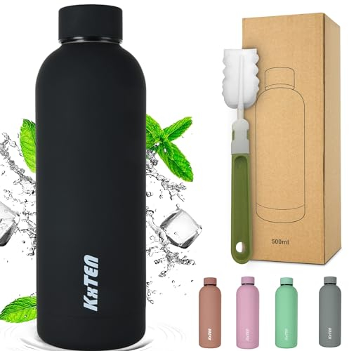 KxTEN.® Gummiisolierte Edelstahl Trinkflasche 500ml mit Flaschenbürste | auslaufsichere Thermosflasche | Kohlensäure geeignet | isolierte Wasserflasche für Sport, Büro & Freizeit (Schwarz)