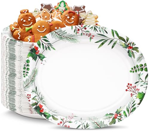VEIZEDD 50 Count Oval Christmas Plates 12x10 Heavy Duty Paper Plates Bulk with Holly Leaves Red Berries for Xmas Holiday Wedding Green and Red Party Supplies Decor