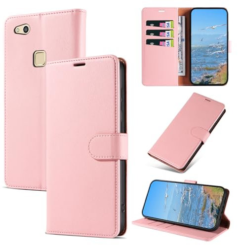 KKEIKO Funda para Huawei P10 Lite, Billetera Carcasa de PU Cuero, Anti Golpes Magnético Funda con Stand Function para Huawei P10 Lite, Rosa