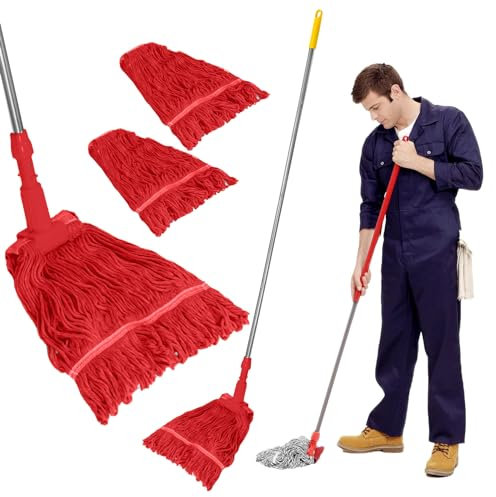 Curvaso Heavy Duty Kentucky Mop Set Pole & 2 Looped End String Wet Cotton Mop Heads for Industrial Commercial Floor Cleaning Office School Restaurant Pub (Red)