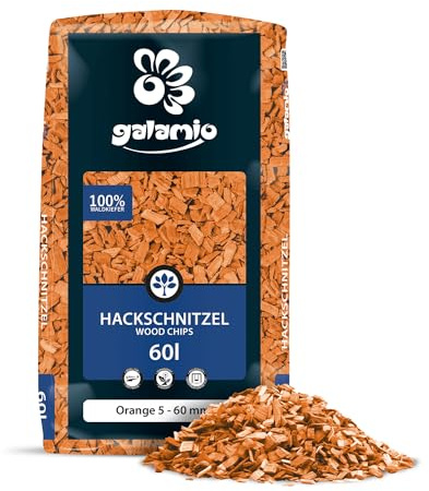 GALAMIO Holzhackschnitzel Orange Hackschnitzel Mulch Natur Wald Kiefer Pinus Sylvestris Garten Dekor Holz Häcksel Grob 5-60mm 60l x 13 Sack 780l / 1 Palette