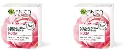 Garnier Crema Viso Idratante Lenitiva Skinactive, Ottima per Pelli Secche o Sensibili, Arricchita con Acqua di Rosa, 50ml (Confezione da 2)
