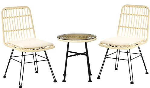 Outsunny Ensemble Bistro de Jardin 3 pièces 2 chaises + Table Basse Ronde Verre trempé 2 Coussins zippés déhoussables Polyester résine tressée PE métal galvanisé Ø 45 x 50 cm crème