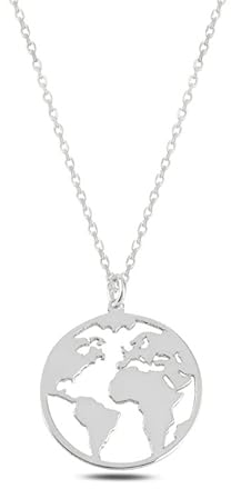 Einzelstück® Halskette mit Weltkugel Anhänger I 925 Sterling Silber Kette 14K Gold vergoldet I Silberkette Damen 45cm mit Weltkarte I Antiallergen & Nickelfrei I Globus Kette Echtschmuck