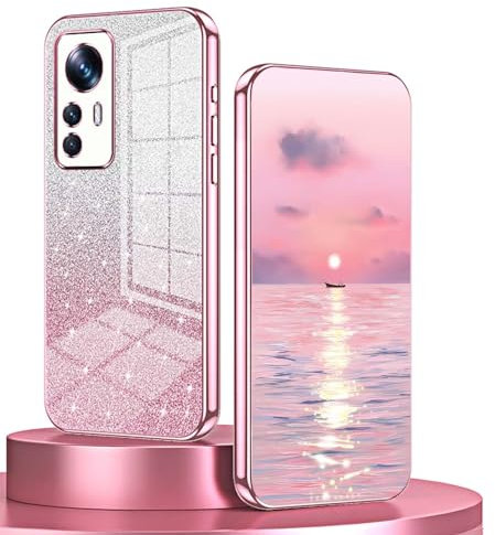 BORYA Hülle für Xiaomi 12T Pro 5G, Ultra Dünn Stoßfest Premium Weiches TPU Silikon Handyhülle, Elegant Galvanisierter Schutzhülle mit Luxus Gradient Glitzer Karte, Rosa