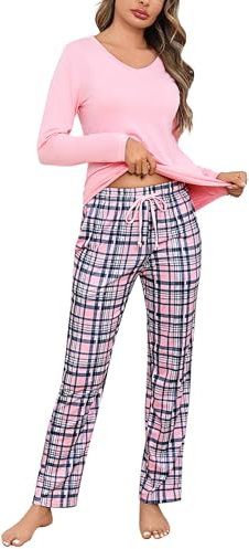 Litherday Pijama de Mujer Invierno Algodón Conjunto Manga Larga Ropa de Dormir Con Cuello en V, Bolsillos y Cordón, Rosa, L