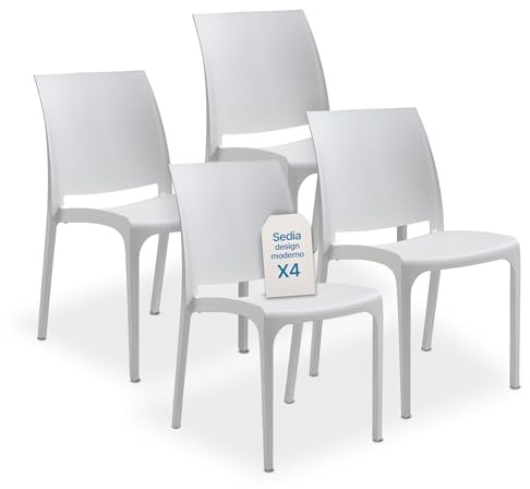 Tomaino - Küchenstühle aus Kunststoff für den Innen- und Außenbereich - Set mit 6 stapelbaren Stühlen für Wohnzimmer, Garten, Terrasse, Balkon Moderne Stühle aus Polypropylen (4, Weiß)