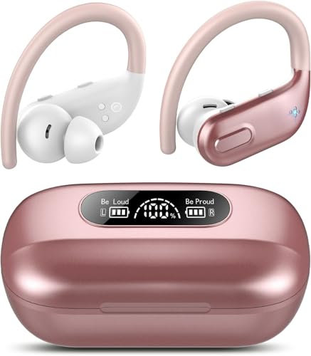 Bluetooth Sports Headphones, Bluetooth 5.3 Headphones with Enc HD Calling, Deep Bass, Bluetooth Headphones Dual LED Display, IP7 Waterproof, 80 Hours Wireless Fitness / Running Headphones, Pink Red