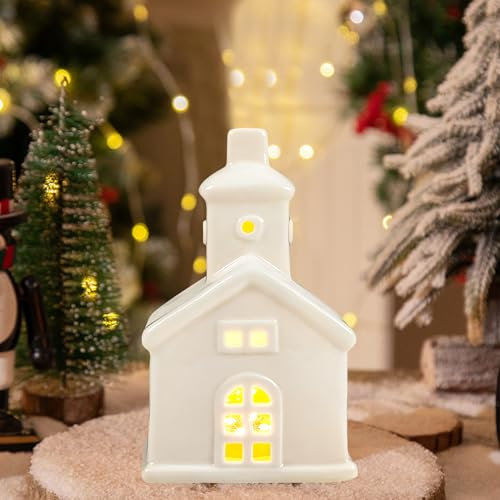 Nexoria Weihnachtsdeko Keramik Lichthäuser, Weihnachtsdorf mit Beleuchtet LED Lichthaus Weisse Porzellan Lichterhaus Weiß Weihnachten Deko Windlicht Haus Weihnachtshäuser für Weihnachtsdeko Innen (A)