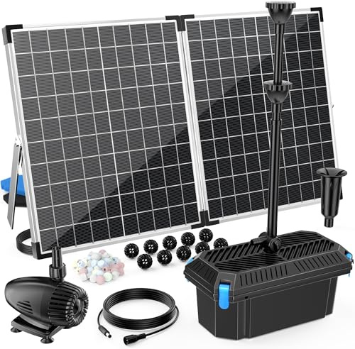 Antfraer Filtre solaire de bassin 55 W avec pompe à eau, pompe solaire pour fontaine avec kit de filtre de bassin, boîte de filtre solaire, buses double couche pour bassin extérieur, fontaine
