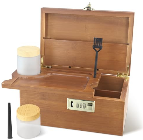 Aufbewahrungsbox Bambus mit Zahlenschloss - 2 Glasflaschen + Pinsel + Aufbewahrungsröhrchen - Holzbox für Kräuter, Schmuck und Accessoires - Elegantes Geschenkset für Männer und Frauen (Braun)