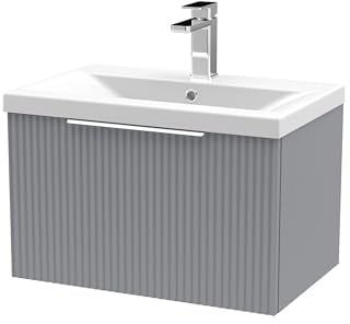Balterley Vanity Unit with Basin Wall Hung, Single Drawer Soft Close with Mid Edge Sink and Handle, Bathroom Vanity Units with Basin, Fluted Front Sink Cabinet - 610 x 390 x 399mm (Grey)